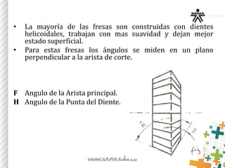 • La mayoría de las fresas son construidas con dientes
helicoidales, trabajan con mas suavidad y dejan mejor
estado superficial.
• Para estas fresas los ángulos se miden en un plano
perpendicular a la arista de corte.
F Angulo de la Arista principal.
H Angulo de la Punta del Diente.
 