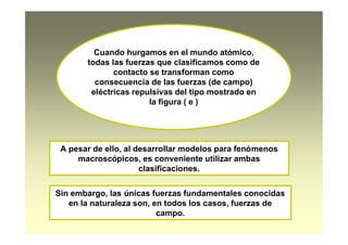 Cuando hurgamos en el mundo atómico,
todas las fuerzas que clasificamos como de
contacto se transforman como
consecuencia de las fuerzas (de campo)
eléctricas repulsivas del tipo mostrado en
la figura ( e )
A pesar de ello, al desarrollar modelos para fenómenos
macroscópicos, es conveniente utilizar ambas
clasificaciones.
Sin embargo, las únicas fuerzas fundamentales conocidas
en la naturaleza son, en todos los casos, fuerzas de
campo.
 