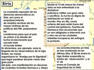 Desde el 15 de marzo las masas
                                       sirias se han enfrentado a la
                                       dictadura
   La constante represión de los       policiaco-militar con gran valor
   derechos democráticos en            y sacrificio. Su lucha es digna de
   Siria, así como el                  admiración en todo el
   empobrecimiento                     mundo. Hoy en día, zonas
   de amplios sectores de las          enteras del país están fuera del
   masas víctimas de las               control del gobierno. Fuentes de
   políticas del FMI, preparaban       Damasco han reconocido que
   las                                 se ven obligados a intervenir una
   condiciones para que el país        y otra vez en las ciudades
   se uniera a la oleada de            rebeldes incapaces de extinguir
   lucha revolucionaria que            la protesta.
   sacude todo
   el mundo árabe
En diciembre, por ejemplo, ante la             Los acontecimientos en Siria
llegada de los observadores de la Liga         se han acelerado en los
Árabe, las masas                               últimos días. El 28 de enero la
organizaron la “Huelga por la Dignidad”,       Liga Árabe suspendía su
que logró paralizar durante varios días        misión de “observación” y el
gran parte                                     31 de
del país, con manifestación en decenas         enero el Consejo de
de ciudades incluidas Damasco y Alepo          Seguridad de la ONU.
 