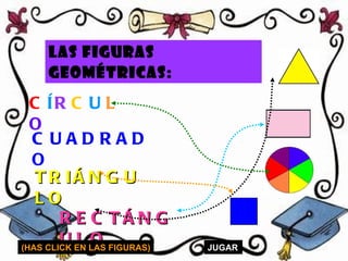 LAS FIGURAS GEOMÉTRICAS:   C Í R C U L O   CUADRADO TRIÁNGULO RECTÁNGULO (HAS CLICK EN LAS FIGURAS) JUGAR 