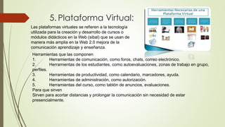 5. Plataforma Virtual:
Las plataformas virtuales se refieren a la tecnología
utilizada para la creación y desarrollo de cursos o
módulos didácticos en la Web (sibal) que se usan de
manera más amplia en la Web 2.0 mejora de la
comunicación aprendizaje y enseñanza.
Herramientas que las componen
1. Herramientas de comunicación, como foros, chats, correo electrónico.
2. Herramientas de los estudiantes, como autoevaluaciones, zonas de trabajo en grupo,
perfiles.
3. Herramientas de productividad, como calendario, marcadores, ayuda.
4. Herramientas de administración, como autorización.
5. Herramientas del curso, como tablón de anuncios, evaluaciones.
Para que sirven
Sirven para acortar distancias y prolongar la comunicación sin necesidad de estar
presencialmente.
 