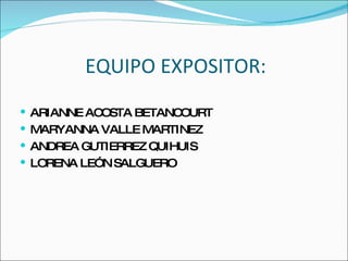 EQUIPO EXPOSITOR: ARIANNE ACOSTA BETANCOURT MARYANNA VALLE MARTINEZ ANDREA GUTIERREZ QUIHUIS LORENA LEÓN SALGUERO 