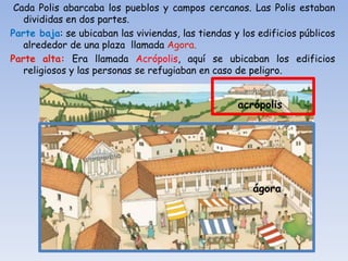 Cada Polis abarcaba los pueblos y campos cercanos. Las Polis estaban
divididas en dos partes.
Parte baja: se ubicaban las viviendas, las tiendas y los edificios públicos
alrededor de una plaza llamada Agora.
Parte alta: Era llamada Acrópolis, aquí se ubicaban los edificios
religiosos y las personas se refugiaban en caso de peligro.
acrópolis
ágora
 