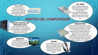 TECLADO
Es el dispositivo que le
brinda la posibilidad al
usuario introducir datos para
que después puedan ser
interpretados y procesados
por la CPU.
UNIDAD CENTRAL DE
PROCESO (CPU):
Comúnmente conocido como
microprocesador, es el encargado de
procesar los datos contenidos en los
programas e interpretar las
instrucciones del usuario.
MONITOR
Es el dispositivo que, por
medio de una interfaz, permite
al usuario poder visualizar los
datos previamente procesados
por el CPU.
RATÓN
En informática, un mouse o
ratón es el dispositivo que, al
igual que el teclado, permite
enviarle instrucciones a una
computadora mientras este
interactúa con una interfaz
gráfica.
DISQUETERA
Es la unidad en donde se lleva a cabo la
lectura de los discos flexibles o disquetes,
un medio de almacenamiento de datos.
En la actualidad, la mayoría de las
computadoras de reciente modelo ya ni
siquiera toman en cuenta a este
dispositivo. ¿Por qué? La poca
confiabilidad en estos dispositivos fue una
de las primordiales razones. Y la verdad
es que los disquetes están desde hace
tiempo, quieran o no, obsoletos.
CD-ROM
Disco Compacto de Memoria
de Sólo Lectura es un sistema
de almacenamiento masivo
que permite el
almacenamiento de 680 Mb.
Al referirse a “sólo lectura”,
quiere decir que solo se puede
grabar en este medio una sola
vez.
 