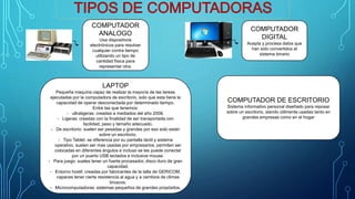 COMPUTADOR
ANALOGO
Usa dispositivos
electrónicos para resolver
cualquier contra tiempo
utilizando un tipo de
cantidad física para
representar otra.
COMPUTADOR
DIGITAL
Acepta y procesa datos que
han sido convertidos al
sistema binario
LAPTOP
Pequeña maquina capaz de realizar la mayoría de las tareas
ejecutadas por la computadora de escritorio, solo que esta tiene la
capacidad de operar desconectada por determinado tiempo.
Entre las que tenemos:
- ultraligeras: creadas a mediados del año 2008.
- Ligeras: creadas con la finalidad de ser transportada con
facilidad, peso y tamaño adecuado.
- De escritorio: suelen ser pesadas y grandes por eso solo están
sobre un escritorio.
- Tipo Tablet: se diferencia por su pantalla táctil y sistema
operativo, suelen ser mas usadas por empresarios, permiten ser
colocadas en diferentes ángulos e incluso se les puede conectar
por un puerto USB teclados e inclusive mouse.
- Para juego: sueles tener un fuerte procesador, disco duro de gran
capacidad.
- Entorno hostil: creadas por fabricantes de la talla de GERICOM,
capaces tener cierta resistencia al agua y a cambios de climas
bruscos.
- Microcomputadoras: sistemas pequeños de grandes propósitos.
COMPUTADOR DE ESCRITORIO
Sistema informativo personal diseñado para reposar
sobre un escritorio, siendo útilmente usadas tanto en
grandes empresas como en el hogar
 