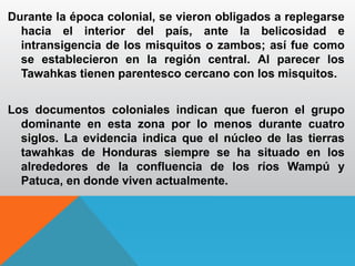 Durante la época colonial, se vieron obligados a replegarse
hacia el interior del país, ante la belicosidad e
intransigencia de los misquitos o zambos; así fue como
se establecieron en la región central. Al parecer los
Tawahkas tienen parentesco cercano con los misquitos.
Los documentos coloniales indican que fueron el grupo
dominante en esta zona por lo menos durante cuatro
siglos. La evidencia indica que el núcleo de las tierras
tawahkas de Honduras siempre se ha situado en los
alrededores de la confluencia de los ríos Wampú y
Patuca, en donde viven actualmente.
 