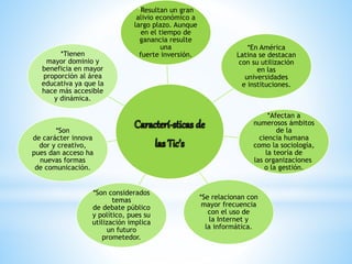 *Resultan un gran 
alivio económico a 
largo plazo. Aunque 
en el tiempo de 
ganancia resulte 
una 
fuerte inversión. 
*En América 
Latina se destacan 
con su utilización 
en las 
universidades 
e instituciones. 
*Afectan a 
numerosos ámbitos 
de la 
ciencia humana 
como la sociología, 
la teoría de 
las organizaciones 
o la gestión. 
*Se relacionan con 
mayor frecuencia 
con el uso de 
la Internet y 
la informática. 
mayor dominio y 
beneficia en mayor 
proporción al área 
educativa ya que la 
hace más accesible 
*Son considerados 
temas 
de debate público 
y político, pues su 
utilización implica 
un futuro 
prometedor. 
*Tienen 
y dinámica. 
*Son 
de carácter innova 
dor y creativo, 
pues dan acceso ha 
nuevas formas 
de comunicación. 
