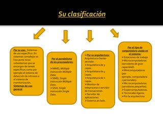 Por su uso: Sistemas
de uso específico. En
sistemas complejos es
frecuente tener
subsistemas que se
encargan de tareas
específicas como por
ejemplo el sistema de
detección de intrusos o
el sistema de
monitorización.
Sistemas de uso
general.
Por el paralelismo
de los procesadores:
MIMD, Múltiple
Instrucción Múltiple
Data.
SIMD, Single
Instrucción Múltiple
Data.
SISD, Single
Instrucción Single
Data.
Por el tipo de
computadora usada en
el sistema:
Estaciones de trabajo
Microcomputadoras
(servidores de gran
capacidad).
Minicomputadoras
(por
ejemplo, computadora
s personales).
Microcomputadoras
(servidores pequeños).
Supercomputadoras.
Terminales ligeros
Por la arquitectura
Por su arquitectura:
Arquitetura cliente-
servidor.
Arquitetura de 3
capas.
Arquitetara de 4
capas.
Arquitetura de n
capas.
Monitor de
teleproceso o servidor
de transaciones.
Servidor de
aplicaciones.
Sistema ais lado.
 