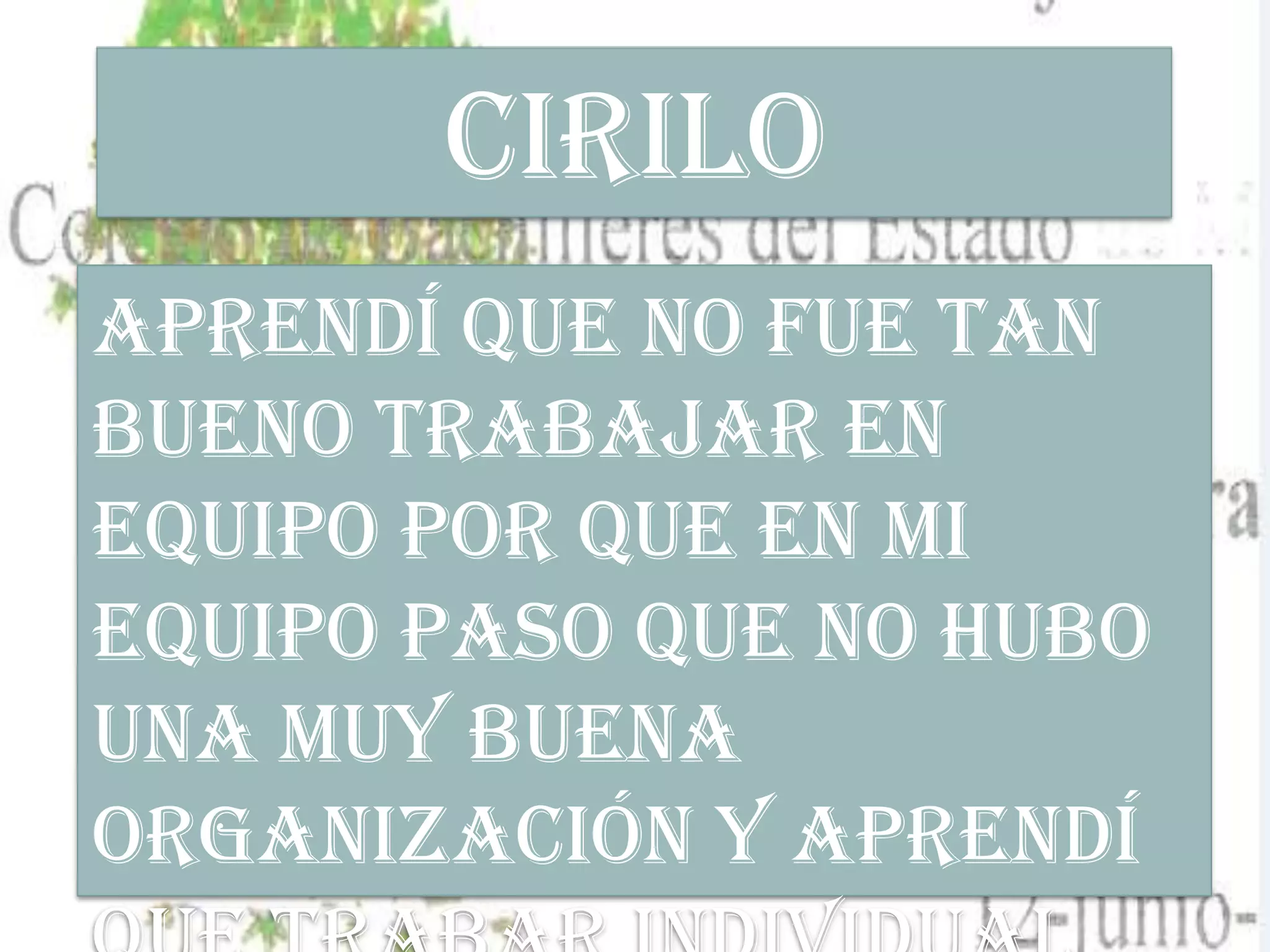 Aprendí que no fue tan
bueno trabajar en
equipo por que en mi
equipo paso que no hubo
una muy buena
organización y aprendí
Cirilo
 