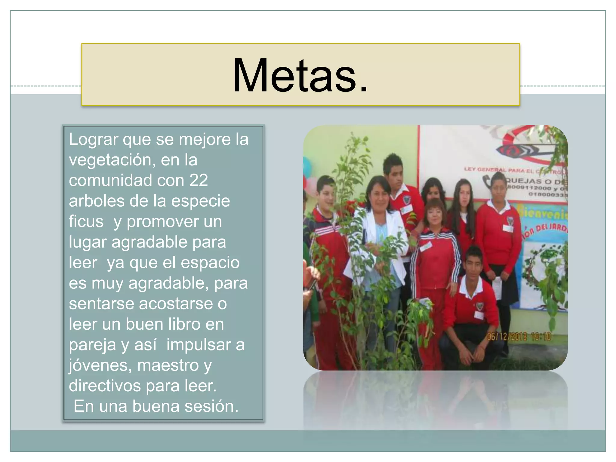 Metas.
Lograr que se mejore la
vegetación, en la
comunidad con 22
arboles de la especie
ficus y promover un
lugar agradable para
leer ya que el espacio
es muy agradable, para
sentarse acostarse o
leer un buen libro en
pareja y así impulsar a
jóvenes, maestro y
directivos para leer.
En una buena sesión.
 