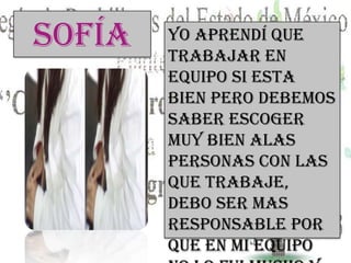 Sofía Yo aprendí que
trabajar en
equipo si esta
bien pero debemos
saber escoger
muy bien alas
personas con las
que trabaje,
debo ser mas
responsable por
que en mi equipo
 