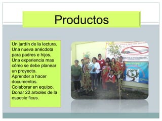 Productos
Un jardín de la lectura.
Una nueva anécdota
para padres e hijos.
Una experiencia mas
cómo se debe planear
un proyecto.
Aprender a hacer
documentos.
Colaborar en equipo.
Donar 22 arboles de la
especie ficus.
 