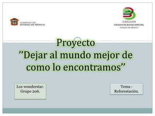 Proyecto
’’Dejar al mundo mejor de
como lo encontramos’’
Los wonderstar.
Grupo 206.
Tema :
Reforestación.
 