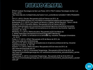 C
25
(ITSLP, Instituto Tecnologico de San Luis Potosí, 2013; ITSLP, Instituto Tecnologico de San Luis
Potosí, 2013)
http://www.itslp.edu.mx/itslp2/index.php?option=com_content&view=article&id=138#.UTfkdtaQWS
o
2012, E. (2012). Estudia. Recuperado el 05 de Febrero de 2013, de
http://universidades.estudia.com.mx/u35024-universidad-tecnologica-san-luis-potosi.html
Bustamante, D. V. (2010). Con Espiritu de Servicio y Calidad. Mundo Ejecutivo , Tomo 4, 48-49.
EducaEdu. (2013). EducaEdu México. Recuperado el 04 de Febrero del 2013.
Dehttp://www.educaedu.com.mx/carreras-universitarias/ingenieria-industrial/san-luis-potosi
Hérnandez, J. R. (2012). Gestión de la enseñanza en la carrera de Ing.Industrial. Ingenieria
Industrial , 33, 19-30.
Monterrey, T. d. (2013). Oferta educativa. Recuperado el 2013 de Marzo de
4, dehttp://www.itesm.edu/wps/wcm/connect/Campus/MTY/Monterrey/
Petersson, M. (2009). La simulación en la carrera de Ing. Industrial. Pedagogia Universitaria
, 14, 70-77.
Potosi, U. P. (2013). UPSLP. Recuperado el 05 de Marzo de 2013, de
http://www.upslp.edu.mx/oferta/ist.jpg
Rosales, E. M. (2011). Análisis de competencias en el ejercicio profesional del Ing. Industrial.
Ingeniería Industrial , 5, 132-139.
Superior, T. d. (2013). Oferta educativa. Recuperado el 05 de marzo de 2013, de
http://www.tecsuperiorslp.edu.mx
Tangamanga, U. (2013). Universadad Tangamanga . Recuperado el 06 de 03 de 2013, de
http://www.universidadtangamanga.edu.mx/~sanluis/documentos/oferta_educativa/triptico_semies
colarizado.pdf
Tangamanga, U. (2013). Universidad Tangamanga . Recuperado el 06 de 03 de 2013, de
http://www.universidadtangamanga.edu.mx/~sanluis/documentos/oferta_educativa/triptico_escolari
zado.pdf
 