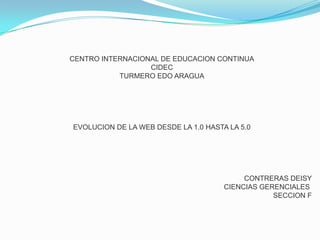 CENTRO INTERNACIONAL DE EDUCACION CONTINUA
CIDEC
TURMERO EDO ARAGUA

EVOLUCION DE LA WEB DESDE LA 1.0 HASTA LA 5.0

CONTRERAS DEISY
CIENCIAS GERENCIALES
SECCION F

 