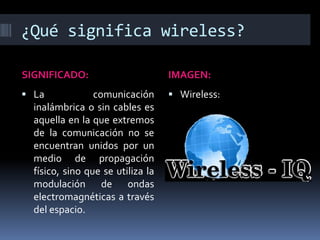 ¿Qué significa wireless?
SIGNIFICADO: IMAGEN:
 La comunicación
inalámbrica o sin cables es
aquella en la que extremos
de la comunicación no se
encuentran unidos por un
medio de propagación
físico, sino que se utiliza la
modulación de ondas
electromagnéticas a través
del espacio.
 Wireless:
 
