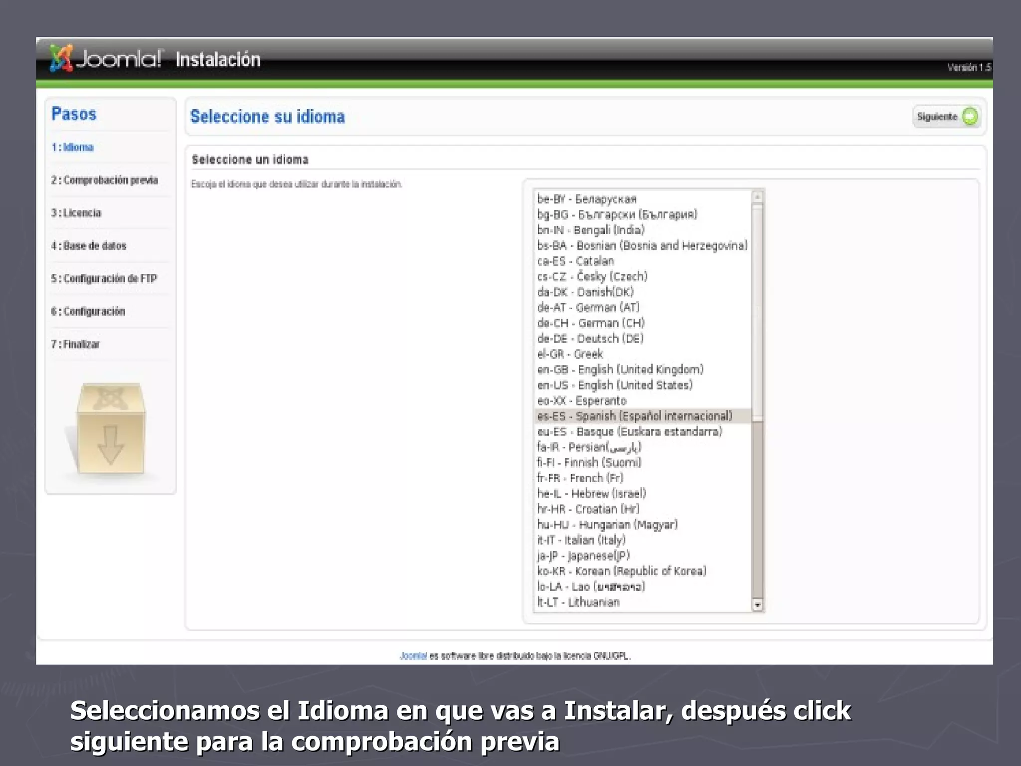 Seleccionamos el Idioma en que vas a Instalar, después click siguiente para la comprobación previa 