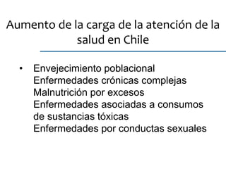 Aumento de la carga de la atención de la
salud en Chile
• Envejecimiento poblacional
Enfermedades crónicas complejas
Malnutrición por excesos
Enfermedades asociadas a consumos
de sustancias tóxicas
Enfermedades por conductas sexuales
 