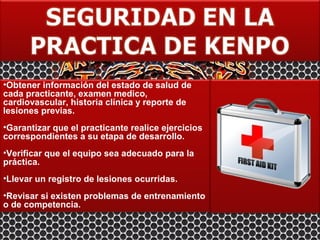 •Obtener información del estado de salud de
cada practicante, examen medico,
cardiovascular, historia clínica y reporte de
lesiones previas.
•Garantizar que el practicante realice ejercicios
correspondientes a su etapa de desarrollo.
•Verificar que el equipo sea adecuado para la
práctica.
•Llevar un registro de lesiones ocurridas.
•Revisar si existen problemas de entrenamiento
o de competencia.
 