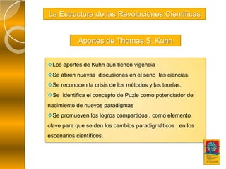 La Estructura de las Revoluciones Científicas


            Aportes de Thomas S. Kuhn


Los aportes de Kuhn aun tienen vigencia
Se abren nuevas discusiones en el seno las ciencias.
Se reconocen la crisis de los métodos y las teorías.
Se identifica el concepto de Puzle como potenciador de
nacimiento de nuevos paradigmas
Se promueven los logros compartidos , como elemento
clave para que se den los cambios paradigmáticos en los
escenarios científicos.
 