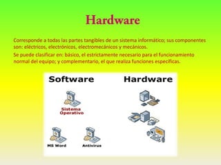 Corresponde a todas las partes tangibles de un sistema informático; sus componentes
son: eléctricos, electrónicos, electromecánicos y mecánicos.
Se puede clasificar en: básico, el estrictamente necesario para el funcionamiento
normal del equipo; y complementario, el que realiza funciones específicas.
 