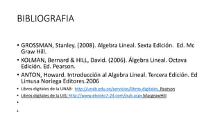 BIBLIOGRAFIA
• GROSSMAN, Stanley. (2008). Algebra Lineal. Sexta Edición. Ed. Mc
Graw Hill.
• KOLMAN, Bernard & HILL, David. (2006). Álgebra Lineal. Octava
Edición. Ed. Pearson.
• ANTON, Howard. Introducción al Algebra Lineal. Tercera Edición. Ed
Limusa Noriega Editores.2006
• Libros digitales de la UNAB: http://unab.edu.co/servicios/libros-digitales Pearson
• Libros digitales de la UIS: http://www.ebooks7-24.com/pub.aspx MacgrawHill
•
.
 