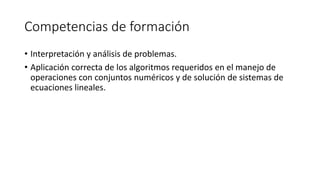 Competencias de formación
• Interpretación y análisis de problemas.
• Aplicación correcta de los algoritmos requeridos en el manejo de
operaciones con conjuntos numéricos y de solución de sistemas de
ecuaciones lineales.
 