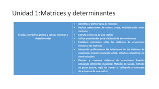 Unidad 1:Matrices y determinantes
Evalúa, interpreta, grafica y calcula matrices y
determinantes
 Identifica y define tipos de matrices
 Realiza operaciones de sumas, resta, multiplicación entre
matrices
 Calcula la inversa de una matriz
 Utiliza propiedades para el cálculo de determinantes.
 Establece relaciones entre los sistemas de ecuaciones
lineales y las matrices
 Interpreta gráficamente las soluciones de los sistemas de
ecuaciones lineales (solución única, infinitas soluciones, no
tiene solución)
 Plantea y resuelve sistemas de ecuaciones lineales
utilizando diferentes métodos: Método de Gauss, método
de gauss jordan, regla de cramer y utilizando el concepto
de la inversa de una matriz
 