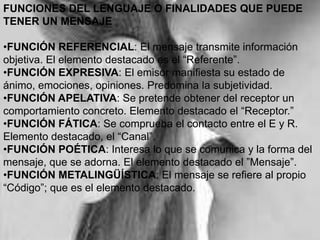 FUNCIONES DEL LENGUAJE O FINALIDADES QUE PUEDE TENER UN MENSAJE •FUNCIÓN REFERENCIAL: El mensaje transmite información objetiva. El elemento destacado es el “Referente”.•FUNCIÓN EXPRESIVA: El emisor manifiesta su estado de ánimo, emociones, opiniones. Predomina la subjetividad.•FUNCIÓN APELATIVA: Se pretende obtener del receptor un comportamiento concreto. Elemento destacado el “Receptor.”•FUNCIÓN FÁTICA: Se comprueba el contacto entre el E y R. Elemento destacado, el “Canal”.•FUNCIÓN POÉTICA: Interesa lo que se comunica y la forma del mensaje, que se adorna. El elemento destacado el ”Mensaje”.•FUNCIÓN METALINGÜÍSTICA: El mensaje se refiere al propio “Código”; que es el elemento destacado.