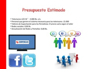 • Televisores LCD 32`` : 3.000 Bs. c/u
• Personal que genere el sistema necesario para los televisores: 15.000
• Talleres de Capacitación para los Periodistas: El precio varía según el taller
• Redes sociales: 0,00 Bs.
• Actualización de Redes y Pantallas: 0,00 Bs.
 