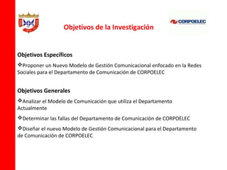 Objetivos de la Investigación


Objetivos Específicos
Proponer un Nuevo Modelo de Gestión Comunicacional enfocado en la Redes
Sociales para el Departamento de Comunicación de CORPOELEC


Objetivos Generales
Analizar el Modelo de Comunicación que utiliza el Departamento
Actualmente
Determinar las fallas del Departamento de Comunicación de CORPOELEC
Diseñar el nuevo Modelo de Gestión Comunicacional para el Departamento
de Comunicación de CORPOELEC
 
