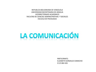 REPUBLICA BOLIVARIANA DE VENEZUELA
UNIVERSIDAD BICENTENARIA DE ARAGUA
VICERRECTORADO ACADEMICO
FACULTAD DE CIENCIAS ADMINISTRATIVAS Y SOCIALES
ESCUELA DE PSICOLOGIA
PARTICIPANTE:
ELIZABETH GONZALEZ CAMACHO
CI:25 864 426
 