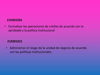 210301021
• Administrar el riesgo de la unidad de negocio de acuerdo
con las políticas institucionales
210301056
• Formalizar las operaciones de crédito de acuerdo con lo
aprobado y la política institucional
 
