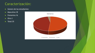 Caracterización:
 Genero de los estudiantes:
 Masculino:18
 Femenino:16
 Otro:1
 Total:35
 