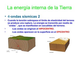 La energía interna de la Tierra
• 4-ondas sísmicas 2
•

Cuando la tensión sobrepasa el límite de elasticidad del terreno
se produce una ruptura. La energía se transmite por medio de
``ondas´´, que se manifiestan en sacudidas del terreno.
•
-Las ondas se originan el HIPOCENTRO.
•
-Las ondas aparecen en la superficie en el EPICENTRO

 