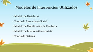 Modelos de Intervención Utilizados
• Modelo de Fortalezas
• Teoría de Aprendizaje Social
• Modelo de Modificación de Conducta
• Modelo de Intervención en crisis
• Teoría de Sistema
 