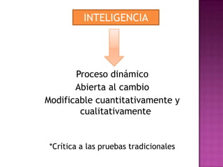 INTELIGENCIA




       Proceso dinámico
       Abierta al cambio
Modificable cuantitativamente y
        cualitativamente


 *Crítica a las pruebas tradicionales
 