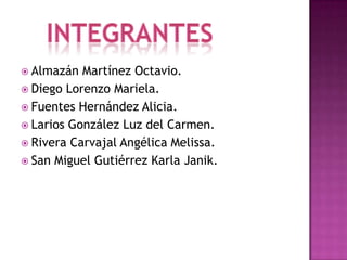  Almazán  Martínez Octavio.
 Diego Lorenzo Mariela.
 Fuentes Hernández Alicia.
 Larios González Luz del Carmen.
 Rivera Carvajal Angélica Melissa.
 San Miguel Gutiérrez Karla Janik.
 