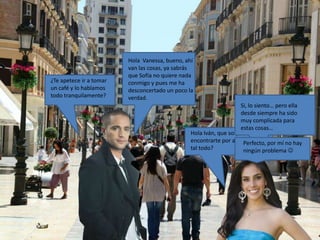 Hola Iván, que sorpresa
encontrarte por aquí, ¿Qué
tal todo?
Hola Vanessa, bueno, ahí
van las cosas, ya sabrás
que Sofía no quiere nada
conmigo y pues me ha
desconcertado un poco la
verdad.
Si, lo siento… pero ella
desde siempre ha sido
muy complicada para
estas cosas…
¿Te apetece ir a tomar
un café y lo hablamos
todo tranquilamente?
Perfecto, por mí no hay
ningún problema 
 