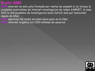 El año 2000
2000 internet no solo esta formado por restos de arpanet si no incluye la
academia Australiana de internet investigacion de redes AARNET, la nasa
NSI la red academia de investigacion suiza Switch solo por mencionar
alguna de ellas
2003 aparecen las redes sociales mace pace es la líder
2006 internet orgánico los 1100 millones de usuarios
 