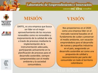 MISIÓN                                VISIÓN
DAFFIL, es una empresa que busca
                                         Nos proyectarnos en el 2020
        ser líder en el mejor
                                        como una empresa líder en el
 aprovechamiento de los recursos
                                      mercado nacional basados en el
renovables como no renovables y
                                     fundamento de cuidar y preservar
mejoramiento de la calidad de vida
                                      el medio ambiente, con vocación
 a través de procesos mediante la
                                      emprendedora para el desarrollo
       implementación de la
                                      de nuevas y pequeñas industrias
    instrumentación adecuada,
                                          en el pais, asegurando un
  participando activamente en la
                                     desarrollo sostenible asi como una
 planificación de procesos para el
                                           propuesta de calidad y
  desarrollo sostenible; siempre
                                        reconocimiento por parte del
   comprometidos con el medio
                                      consumidor en todo el territorio
      ambiente y la sociedad
                                                 colombiano
           consumidora.
 