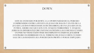 DOWN
ESTE SE ENTIENDE POR DOWN A LA OPORTUNIDAD DE EL PERIODO
COMPRENDIDO ENTRE LAPUESTA EN JUEGO DE BALON Y EN FIN DE LA
JUGADA LAS DOS FORMAS BASICAS DE DESARROLLAR UNA JUGADA EN EL
FUTBOL AMERICANO QUE SON CON ATAQUES TERRESTRES Y ATAQUES
AEREOS EN DIFERENTES CIRCUNSTANCIAS SIENDO LAS COMUNES CUANDO
UN PASE NO TIENE ÉXITO PASE INCOMPLETO CUANDO EL JUGADOR
CONTRARIO ES DERRIBADO EN EL TERRENO DE JUEGO O BIEN CUANDO
SALE DE LAS BANDASYA SEA POR DECISON PROPIA O POR SE EMPUJADO .
 