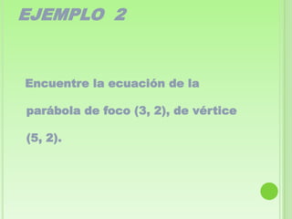 EJEMPLO 2


Encuentre la ecuación de la

parábola de foco (3, 2), de vértice

(5, 2).
 