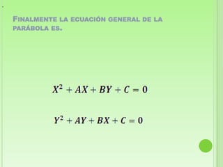 .


    FINALMENTE   LA ECUACIÓN GENERAL DE LA
    PARÁBOLA ES.
 
