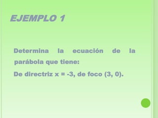 EJEMPLO 1


Determina     la   ecuación     de     la
parábola que tiene:

De directriz x = -3, de foco (3, 0).
 