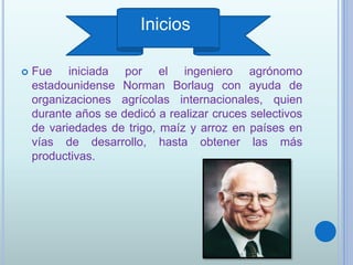 Inicios
 Fue iniciada por el ingeniero agrónomo
estadounidense Norman Borlaug con ayuda de
organizaciones agrícolas internacionales, quien
durante años se dedicó a realizar cruces selectivos
de variedades de trigo, maíz y arroz en países en
vías de desarrollo, hasta obtener las más
productivas.
 