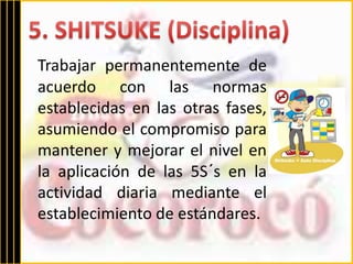 Trabajar permanentemente de 
acuerdo con las normas 
establecidas en las otras fases, 
asumiendo el compromiso para 
mantener y mejorar el nivel en 
la aplicación de las 5S´s en la 
actividad diaria mediante el 
establecimiento de estándares. 
 