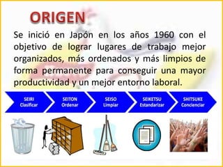 Se inició en Japón en los años 1960 con el 
objetivo de lograr lugares de trabajo mejor 
organizados, más ordenados y más limpios de 
forma permanente para conseguir una mayor 
productividad y un mejor entorno laboral. 
 