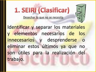 Desechar lo que no se necesita 
Identificar y separar los materiales 
y elementos necesarios de los 
innecesarios y desprenderse o 
eliminar estos últimos ya que no 
son útiles para la realización del 
trabajo. 
 
