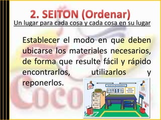 Un lugar para cada cosa y cada cosa en su lugar 
Establecer el modo en que deben 
ubicarse los materiales necesarios, 
de forma que resulte fácil y rápido 
encontrarlos, utilizarlos y 
reponerlos. 
 